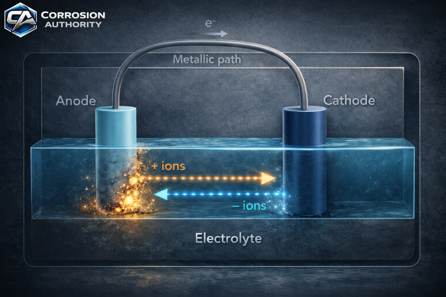 Corrosion circuit showing anode, cathode, metallic path, and electrolyte