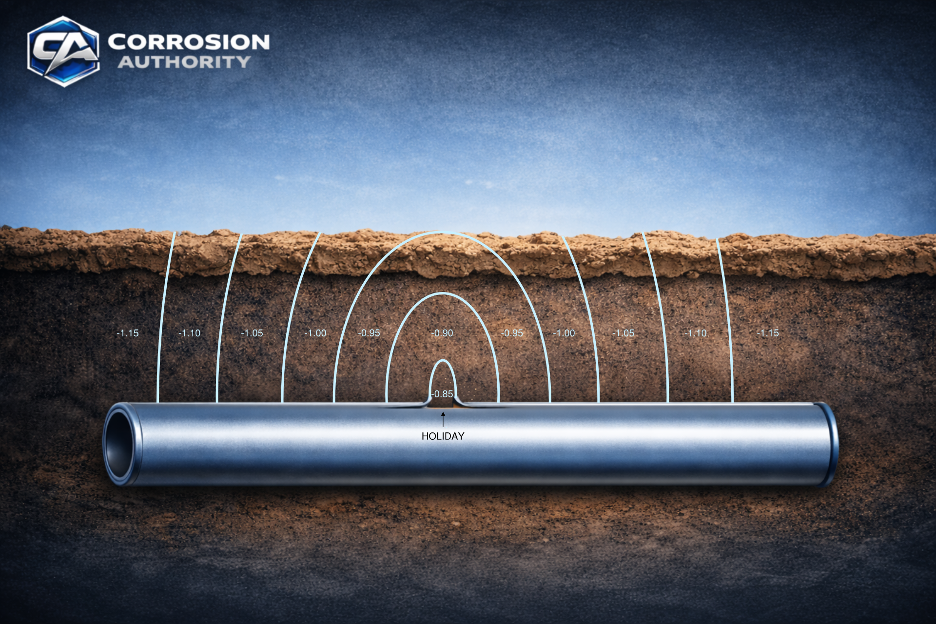 Reference electrode placement simulator background showing soil, pipeline, and coating holiday