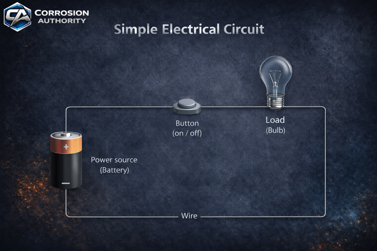 Simple electrical circuit with battery, button, bulb, and wire