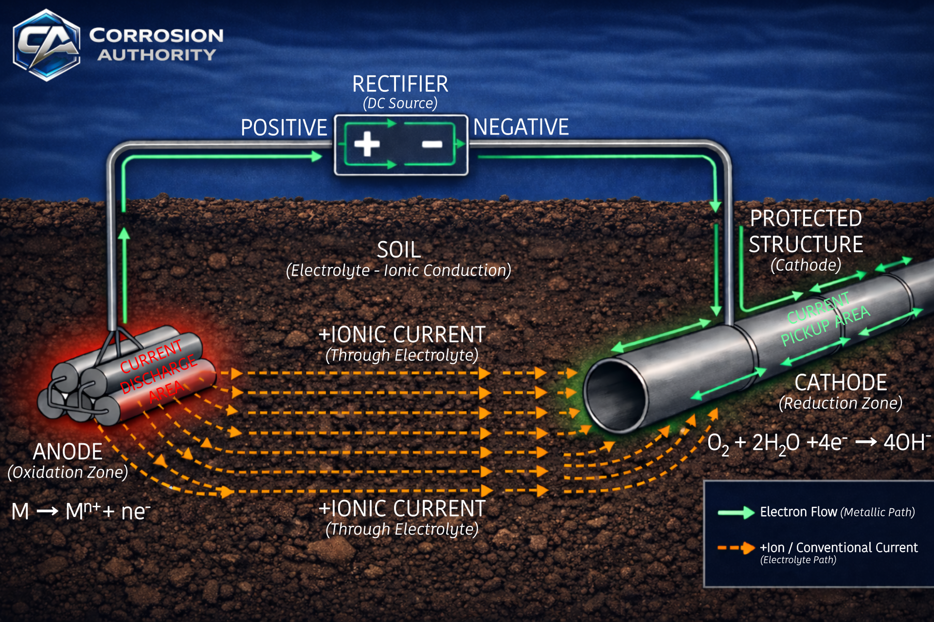 Complete ICCP circuit showing rectifier, anode bed, soil ionic current path, and protected structure reaction zones.