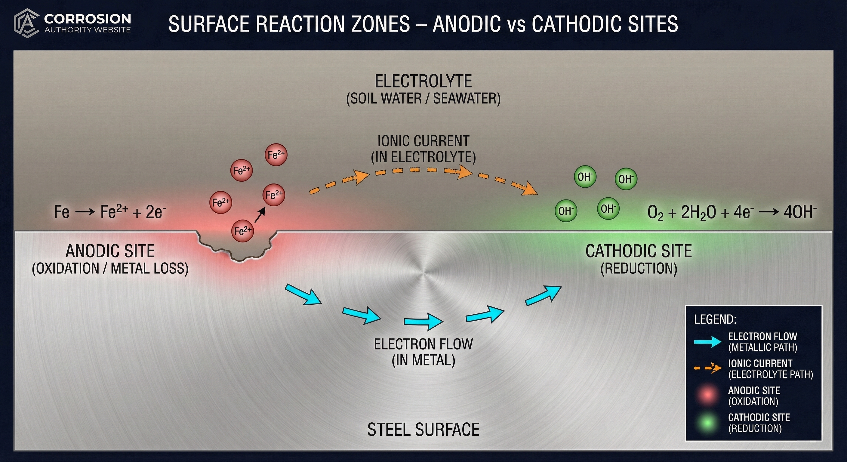 Surface reaction zones showing anodic metal loss and cathodic reduction sites linked by electron flow in metal and ionic current in electrolyte.