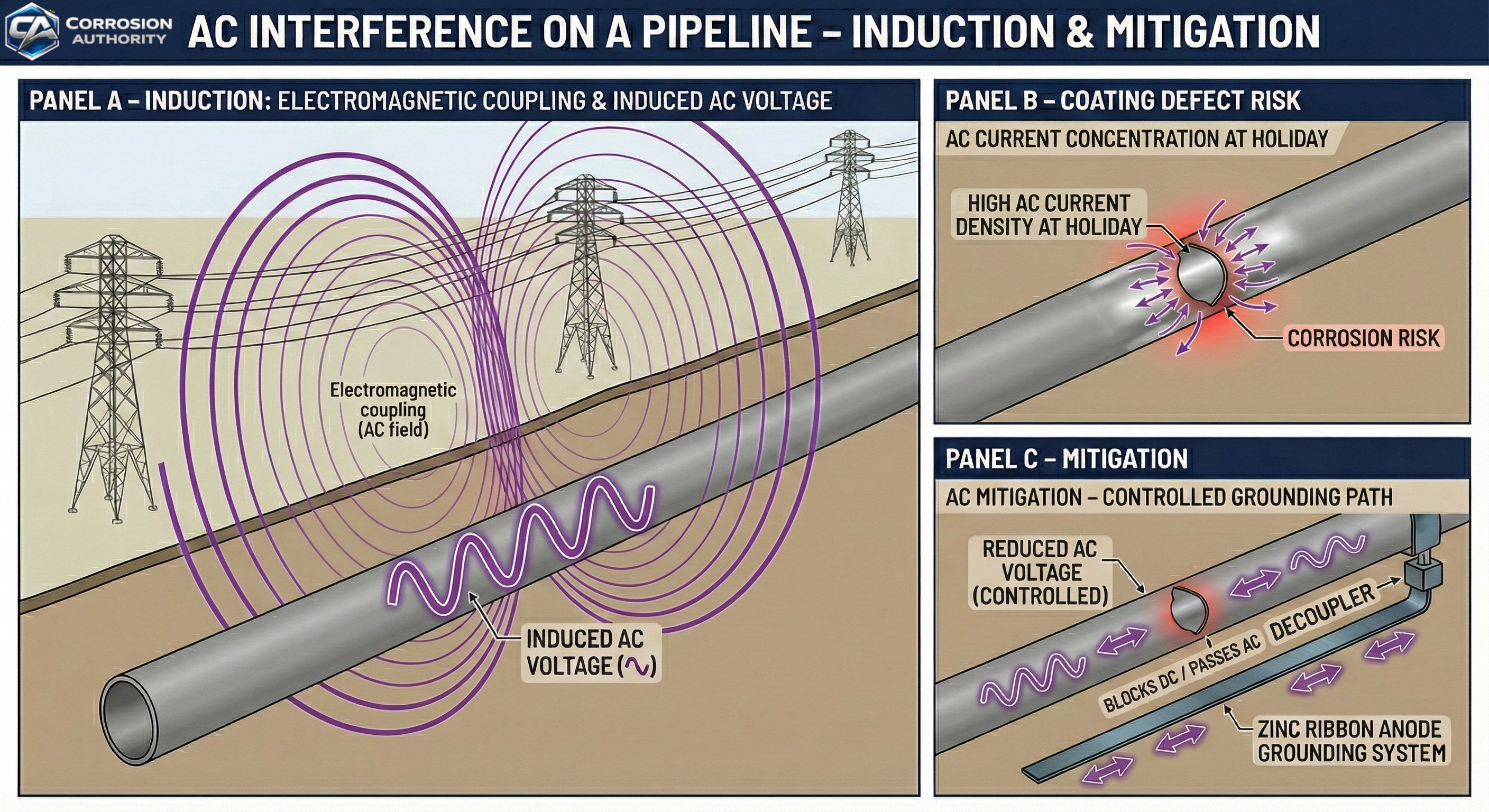 AC interference induction and mitigation diagram showing induced voltage along a pipeline, holiday concentration, and mitigation grounding components.