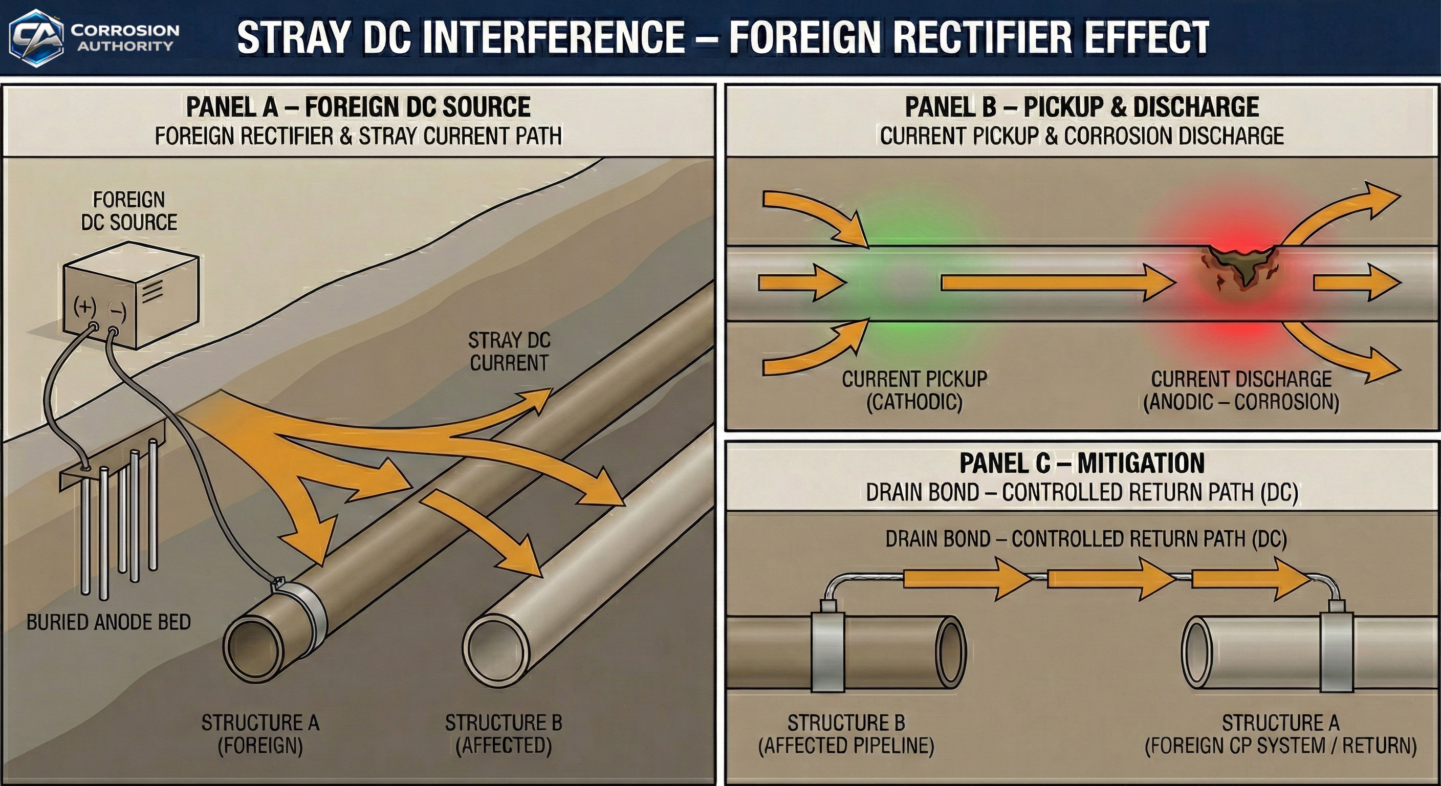 Stray DC interference from a foreign rectifier showing pickup and discharge locations and mitigation using a drain bond return path.